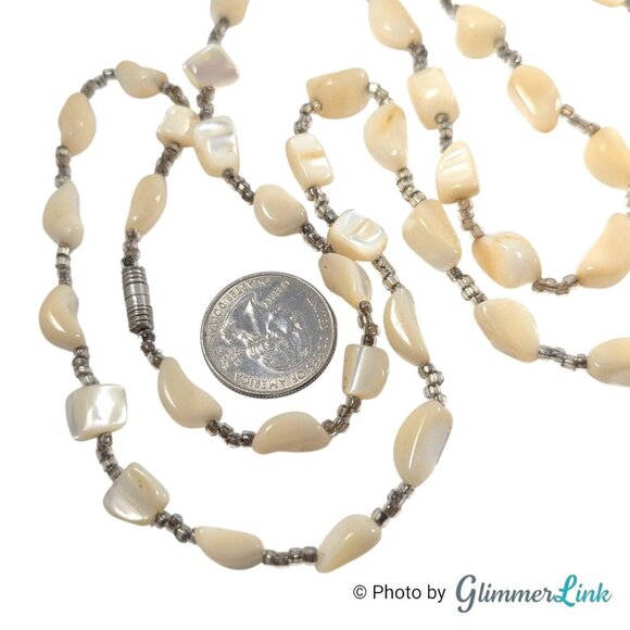 Vintage Long Mother of Pearl Shell Nugget Bead Seed Bead Necklace - Picture 9 of 13